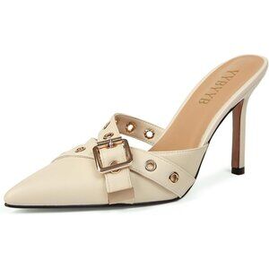 Women's Beige High Heel Pointed Closed Toe Mule Heels Bow Studded  Stiletto Heel